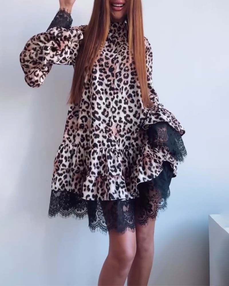 Leopard Lace Patchwork Trumpet Sleeve Dress 2024 f/w casual dresses