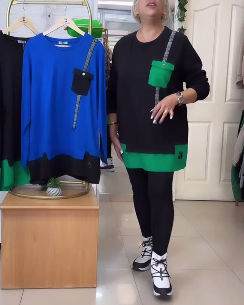 Casual Round Neck Pocket Contrast Color Sweatshirt