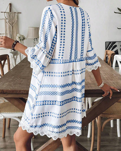 Geometric Print Ethnic V-Neck Lace Trim Dress