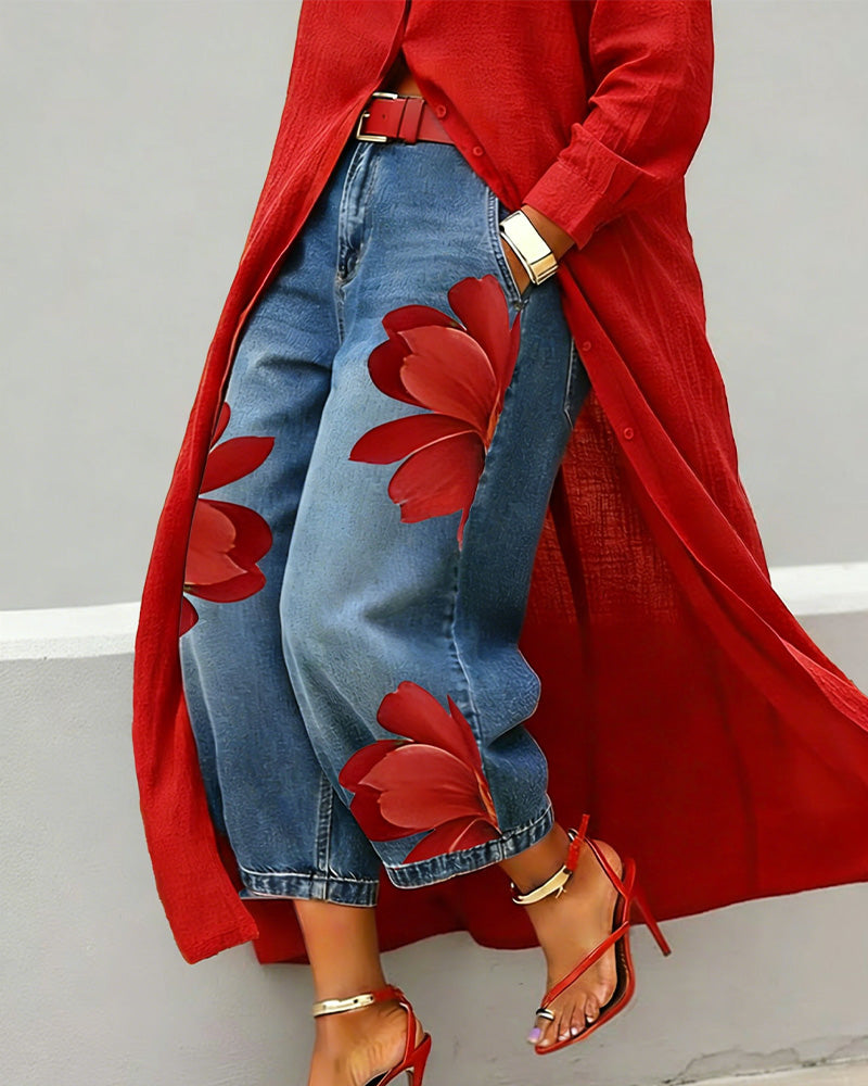 Red Floral Print Cropped Wide Leg Jeans