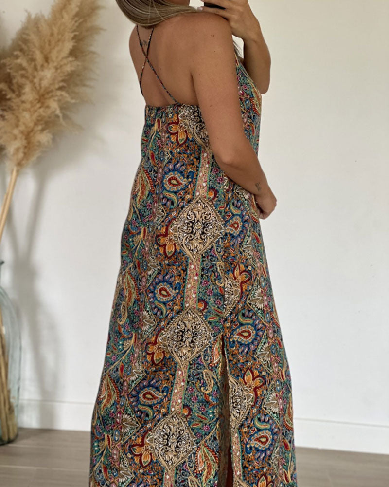 V-Neck Suspender Print Dress