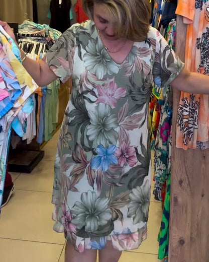 V-Neck Floral Short-Sleeved Print Dress