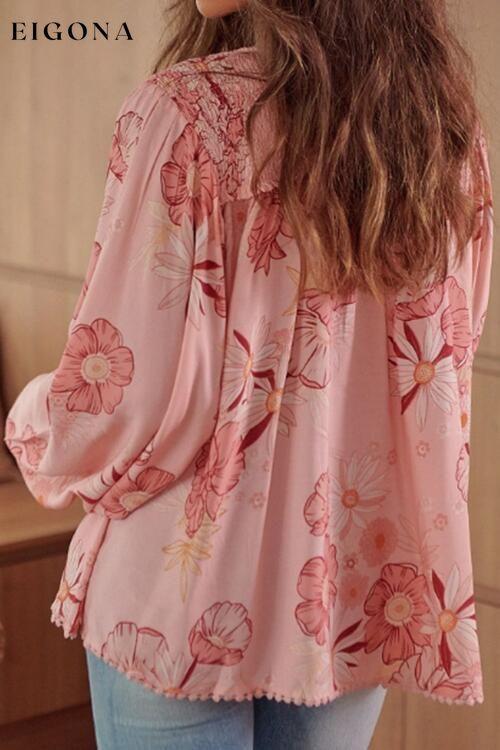 Floral Smocked Tassel Tie Balloon Sleeve Blouse clothes long sleeve shirt long sleeve shirts long sleeve top long sleeve tops Ship From Overseas shirt shirts SYNZ top tops