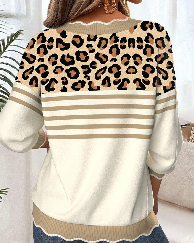 V-Neck Leopard Print Contrast Pullover
