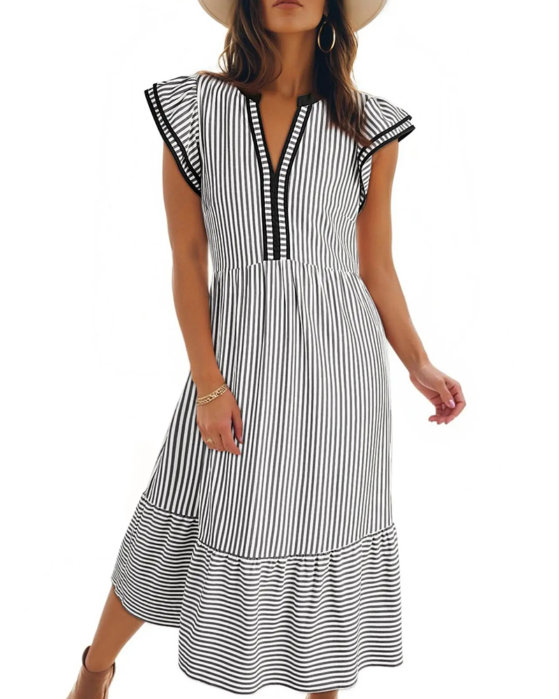 Striped Double Ruffle Short Sleeve Dress