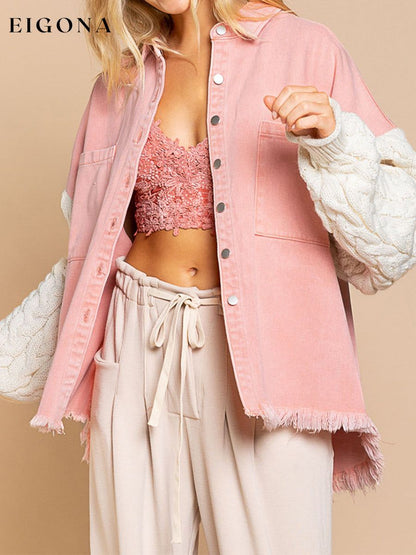 Cable-Knit Raw Hem Denim Jacket Blush Pink clothes Denim Jacket jacket Jackets & Coats Ship From Overseas T.F@Denim