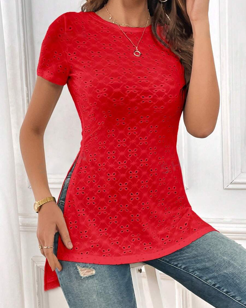 Hollow Short Sleeve Round Neck Slit Top blouses & shirts spring summer