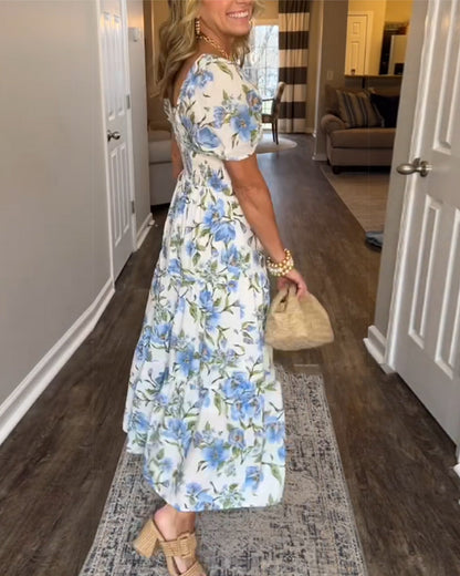 Square Neck Pleated Floral A-Line Dress