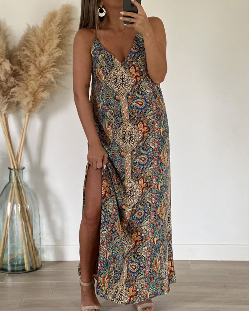 V-Neck Suspender Print Dress