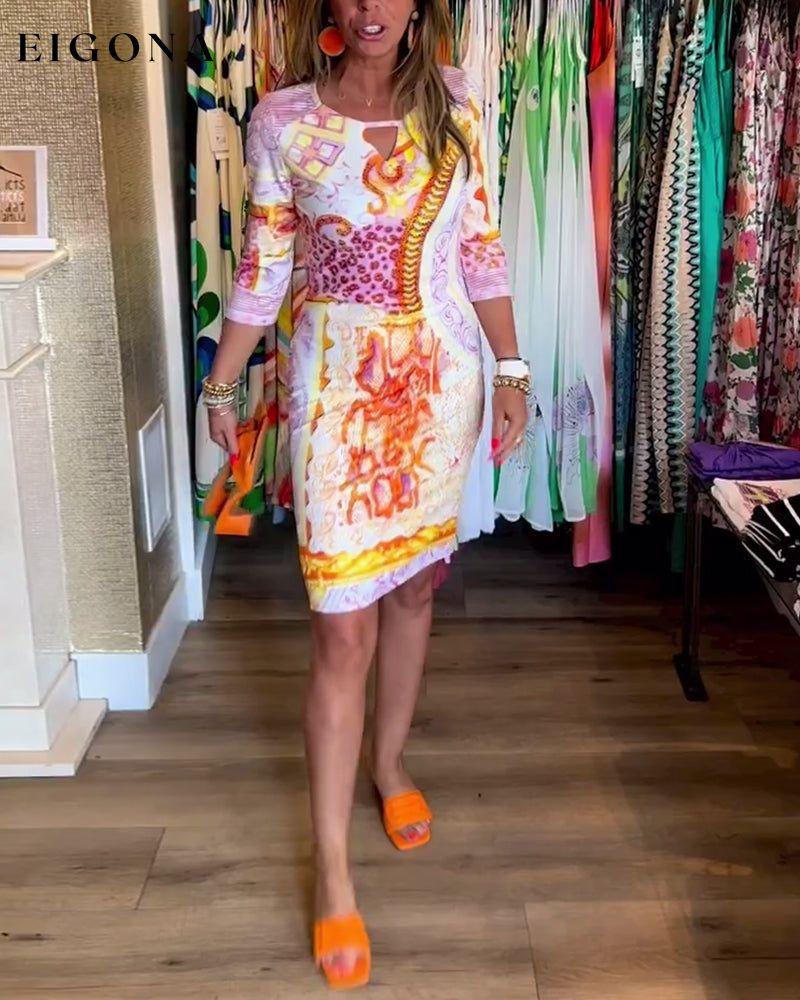 Elegant printed cutout three-quarter sleeve midi dress casual dresses spring summer