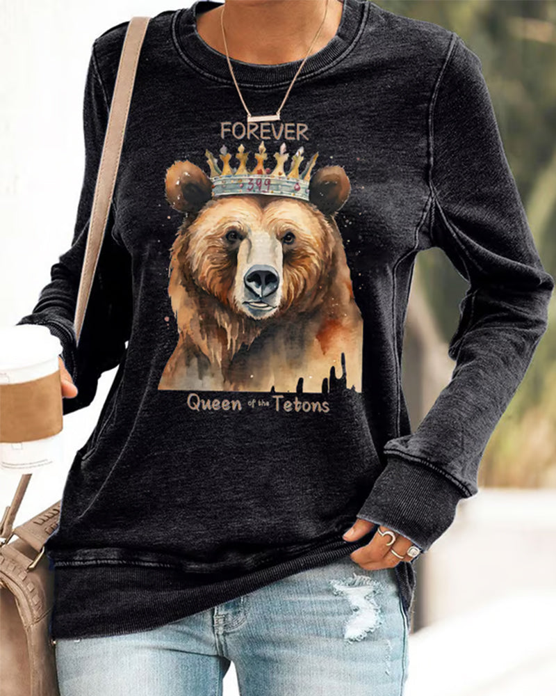 Women's Retro Grizzly 399 Forever The Queen Of The Tetons Print Sweatshirt 2024 f/w cute animals sweatshirts