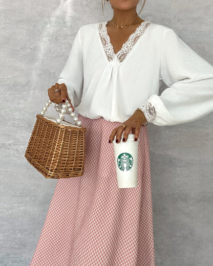 V-Neck Lace Long-Sleeved Blouse