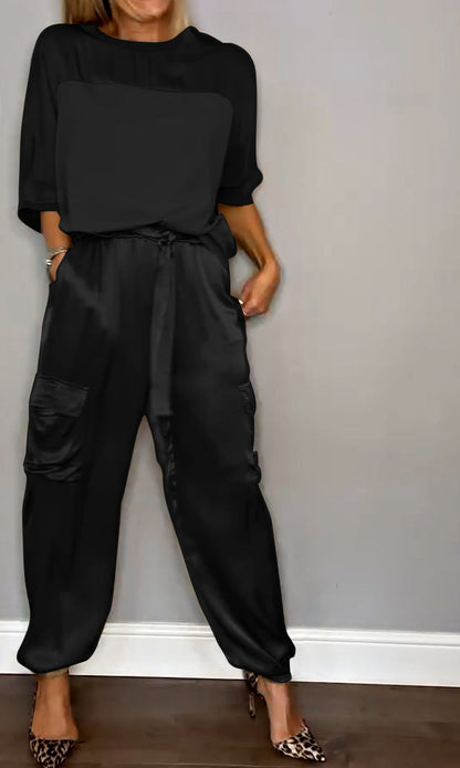 Women's Smooth Satin Half-sleeved Top and Pant Suit Two-piece Black Suit Top&Pant Two-piece