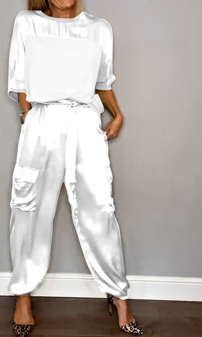 Women's Smooth Satin Half-sleeved Top and Pant Suit Two-piece White Suit Top&Pant Two-piece