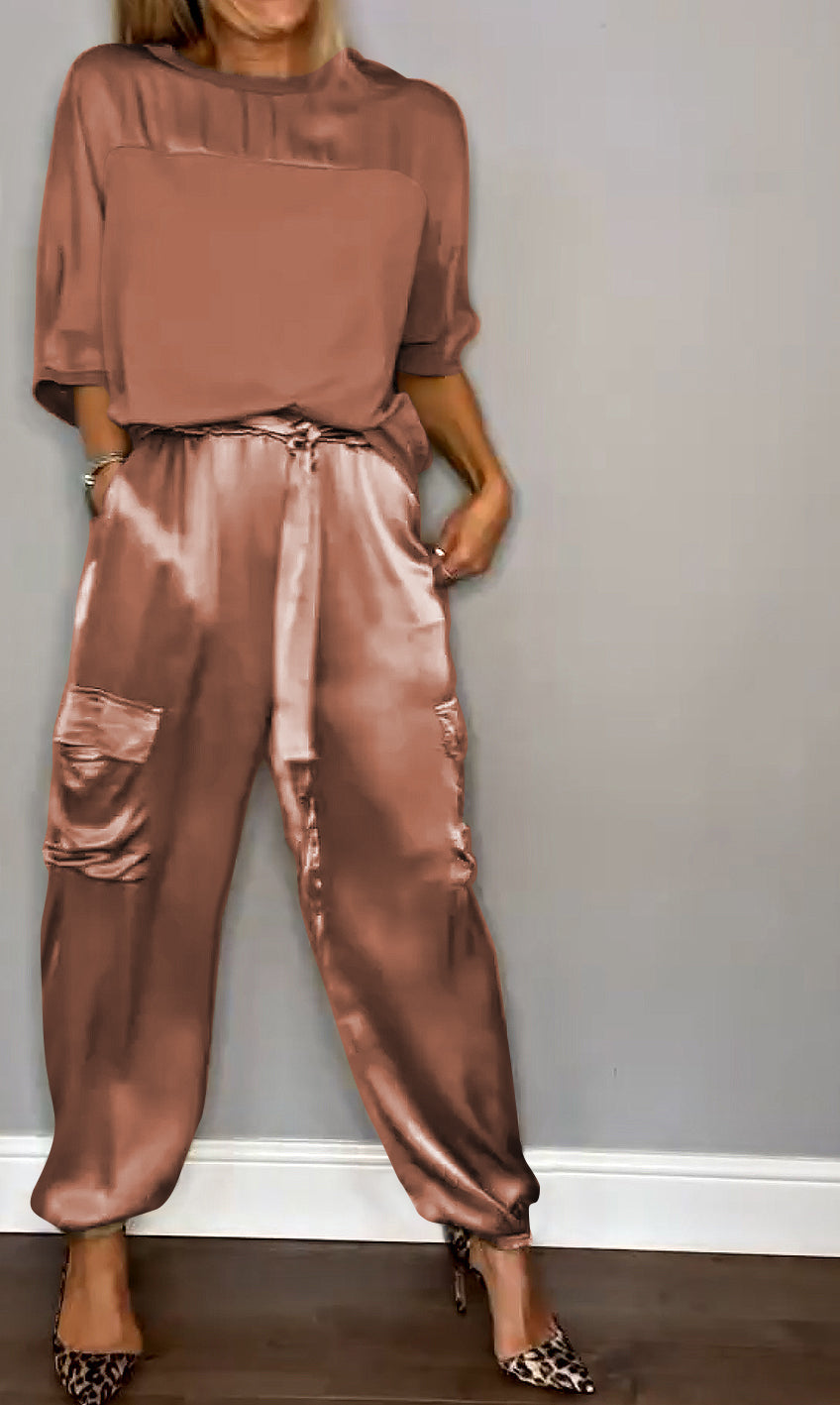 Women's Smooth Satin Half-sleeved Top and Pant Suit Two-piece Brown Suit Top&Pant Two-piece