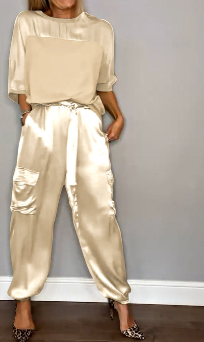 Women's Smooth Satin Half-sleeved Top and Pant Suit Two-piece Apricot Suit Top&Pant Two-piece