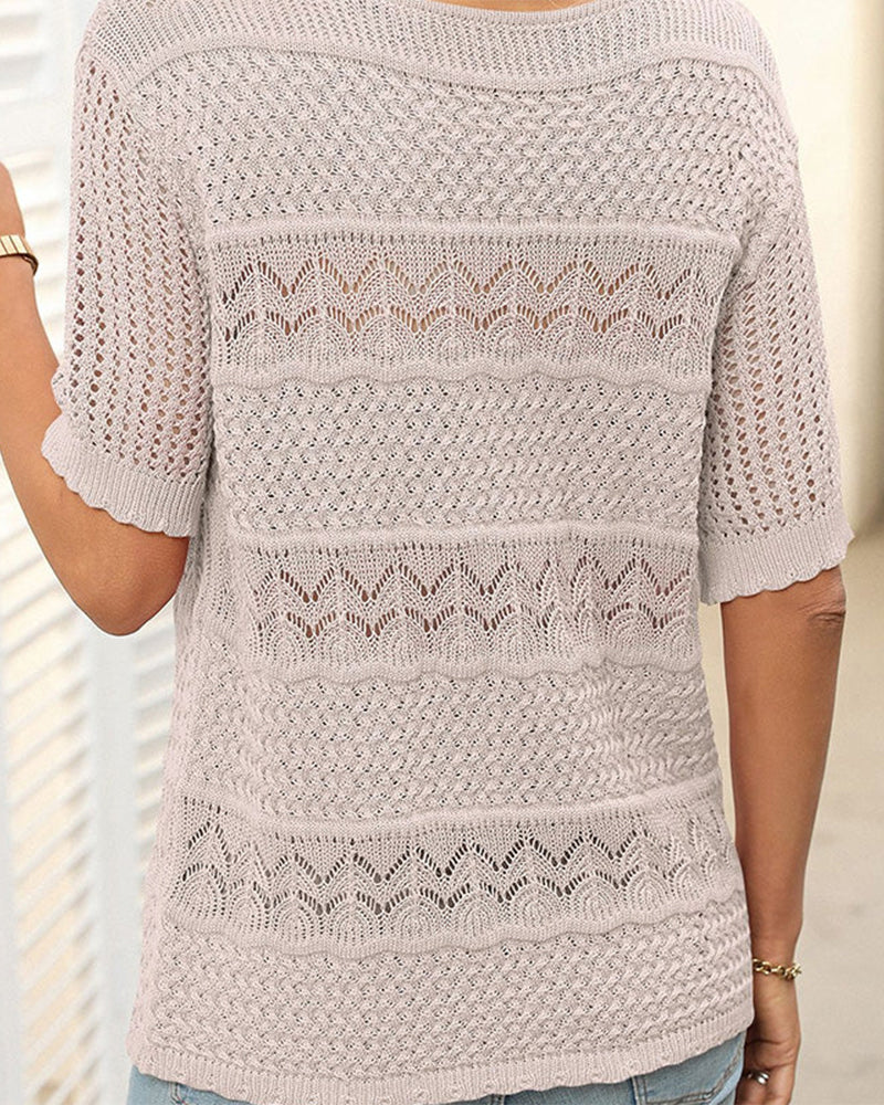 Women's Round Neck Hollow Knit Crochet Short Sleeve Sweater