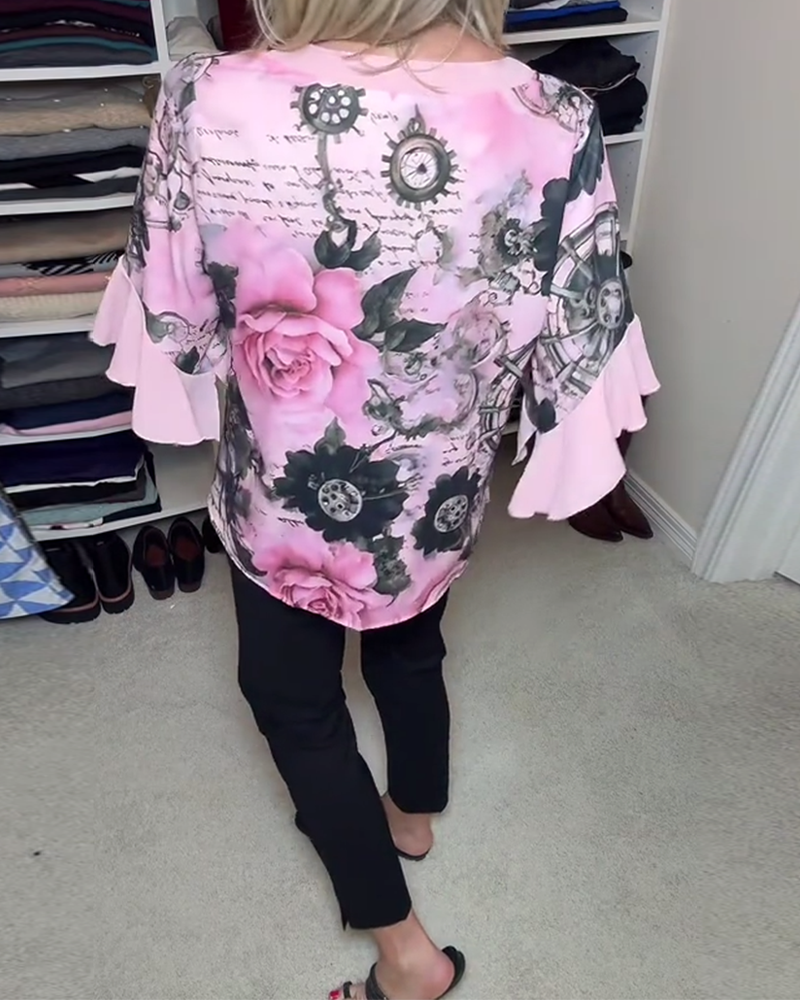 Fashionable Floral Ruffle Sleeve Blouse