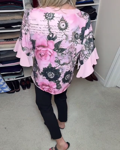 Fashionable Floral Ruffle Sleeve Blouse