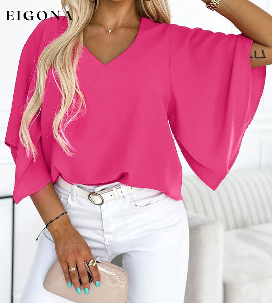 Rose Plain Flounce Bell Sleeve V Neck Blouse Rose 100%Polyester All In Stock clothes Color Pink Day Valentine's Day DL Exclusive Occasion Daily Print Solid Color Season Summer shirt shirts Style Modern top tops