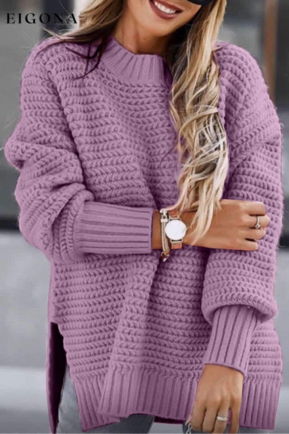 Round Neck Slit Sweater Lilac clothes long sleeve top Ship From Overseas Shipping Delay 10/01/2023 - 10/02/2023 Sweater sweaters Y*X
