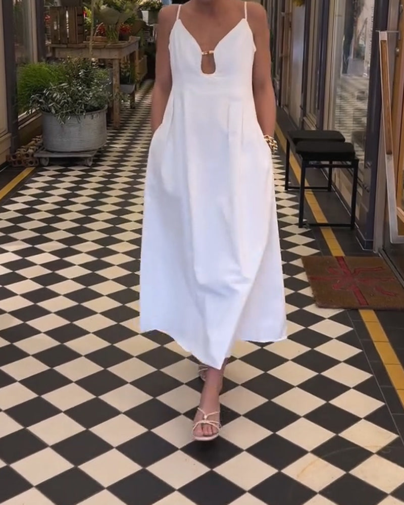 V-Neck Spaghetti Strap Solid Color Dress