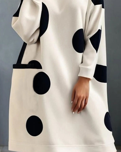 Elegant polka dot high neck pocket loose dress 2024 f/w casual dresses