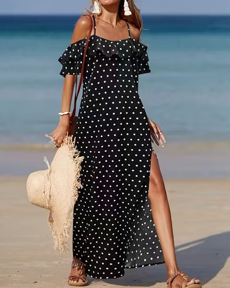 Thin Strap Cold Shoulder Polka Dot Long Dress