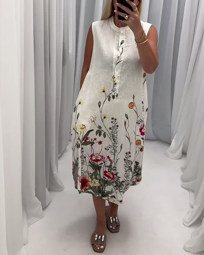 Elegant floral print button sleeveless dress 202466 casual dresses summer