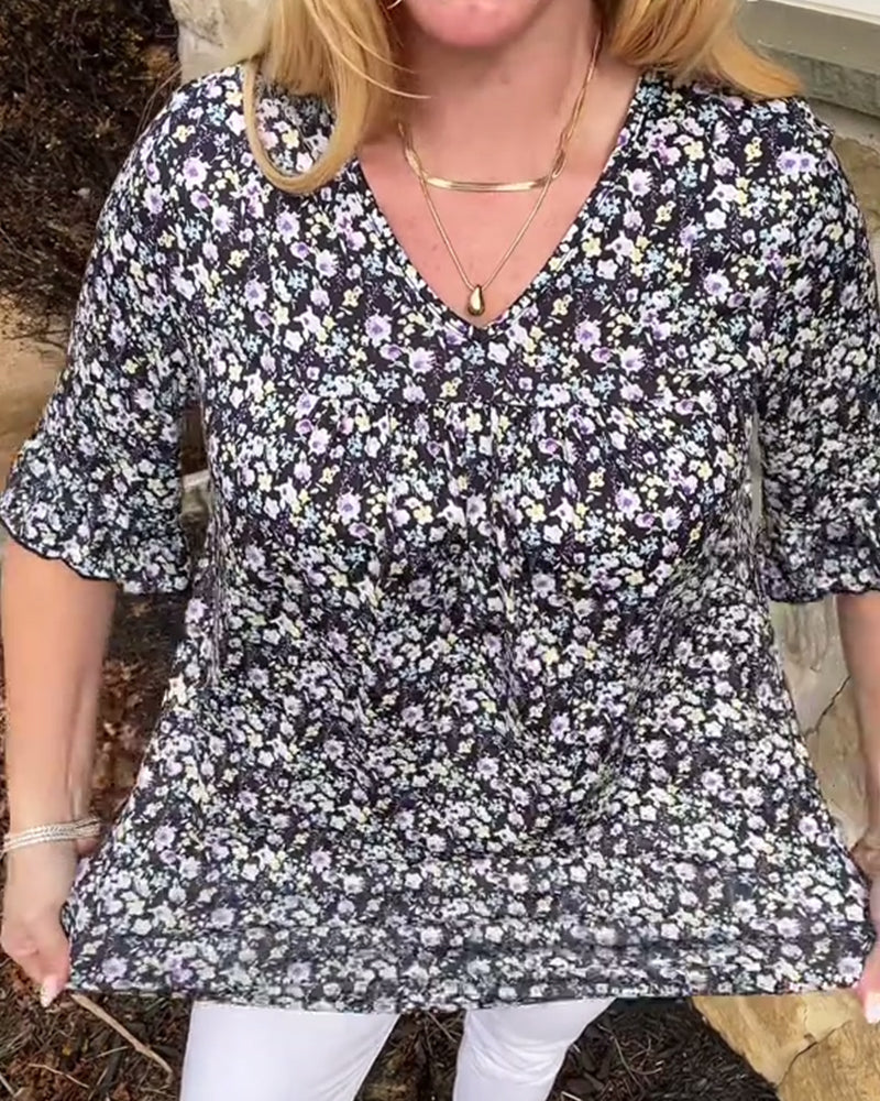 Halbärmelige Bluse mit V-Ausschnitt und Blumenmuster