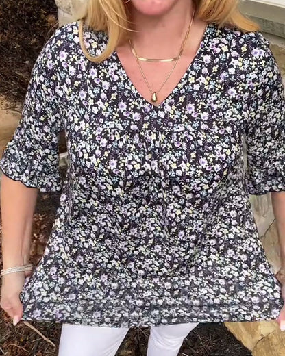 Halbärmelige Bluse mit V-Ausschnitt und Blumenmuster