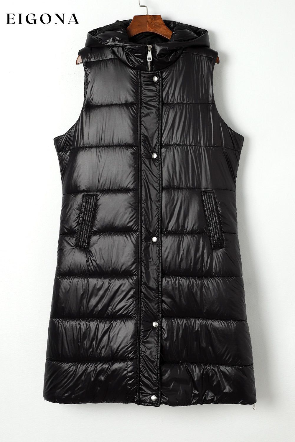 Black Hooded Long Quilted Vest Coat All In Stock Best Sellers clothes Craft Quilted DL Chic DL Exclusive EDM Monthly Recomend EDM Warm Jacket Jackets & Coats long vest Occasion Daily Print Solid Color puffy vest Season Winter Style Casual