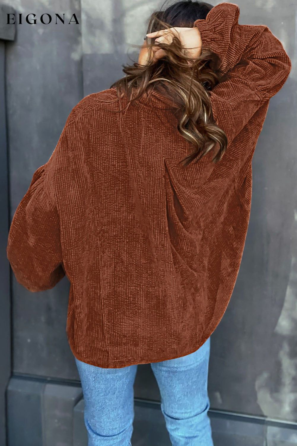 Coffee Textured Corduroy Puff Sleeve Shacket clothes Fabric Corduroy Hot picks Occasion Daily Print Solid Color Season Fall & Autumn Style Western