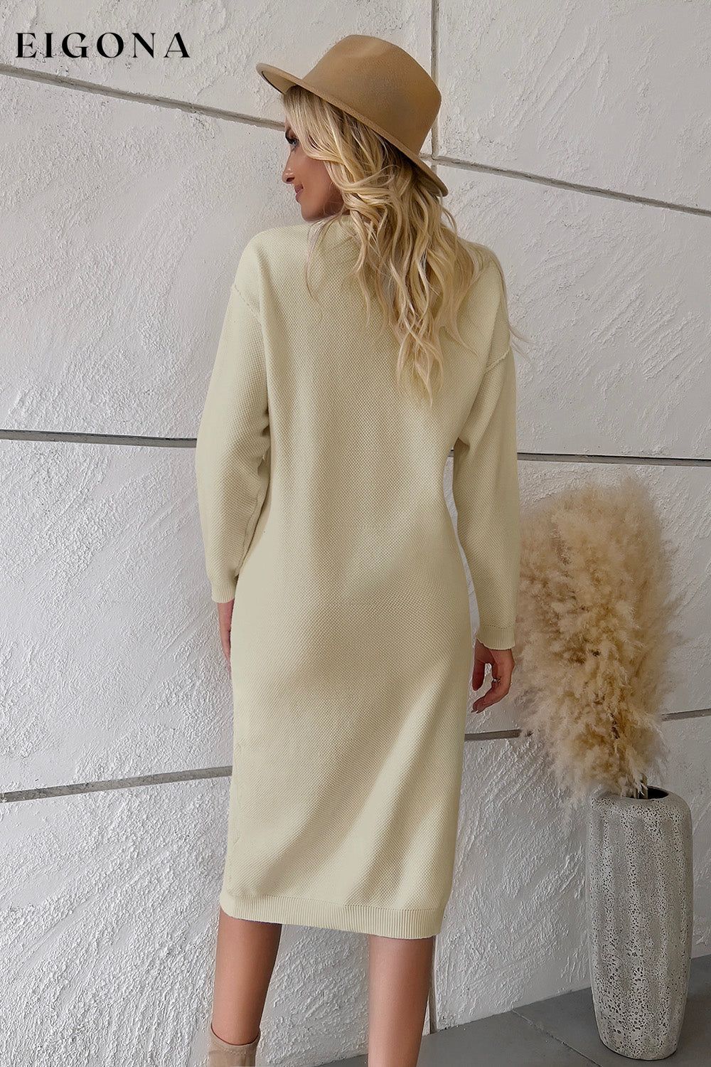 Buttoned Drop Shoulder Sweater Dress, Casual Long Sleeve Dresses casual dress casual dresses clothes dresses DY Ship From Overseas Sweater sweater dress sweaters