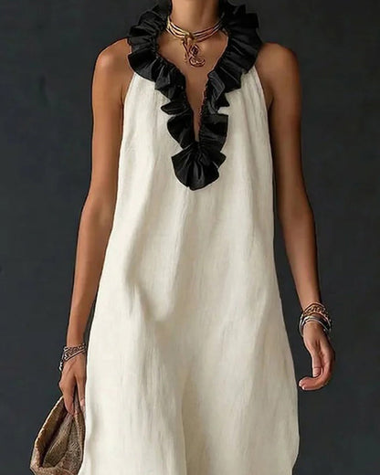 Contrast Ruffled Sleeveless Long Dress