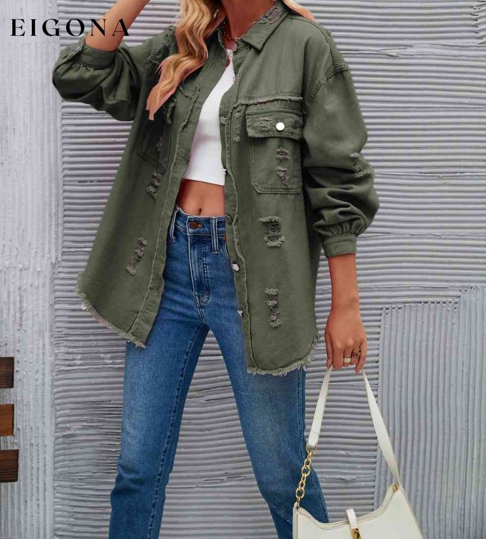 Distressed Raw Hem Denim Jacket Army Green clothes LT&SB Ship From Overseas