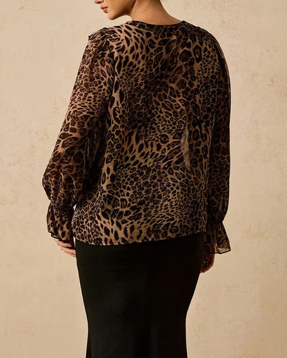 V-Neck Ruffled Leopard Print Blouse