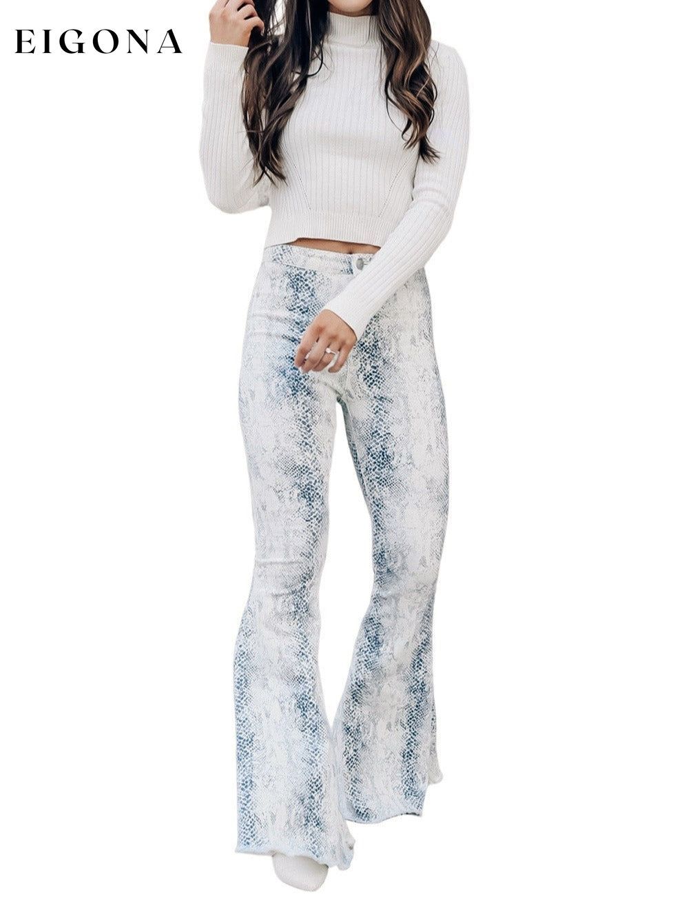White Western Fashion High Waist Snakeskin Print Flare Pants All In Stock bottoms clothes Flare Jeans Jeans Occasion Daily pants Season Fall & Autumn Silhouette Flare Style Western wide leg pants