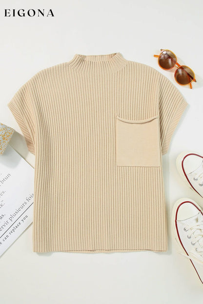 Oatmeal Patch Pocket Ribbed Knit Short Sleeve Sweater All In Stock Best Sellers cable knit clothes EDM Monthly Recomend Fabric Ribbed Hot picks Occasion Daily Print Solid Color Season Fall & Autumn shirt shirts short sleeve shirt Sleeve Short Sleeve Style Casual Sweater sweaters top tops