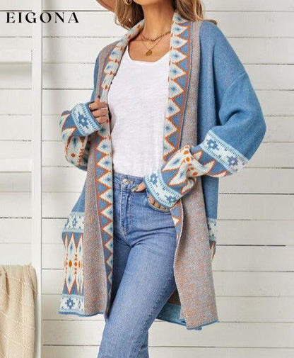 Geometric Open Front Long Sleeve Cardigan Misty Blue Clothes Ship From Overseas SYNZ