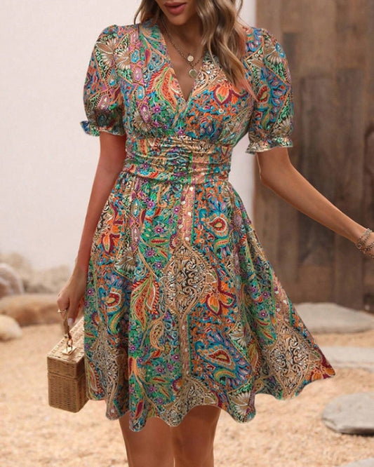 V-neck waist printed elegant dress casual dresses summer