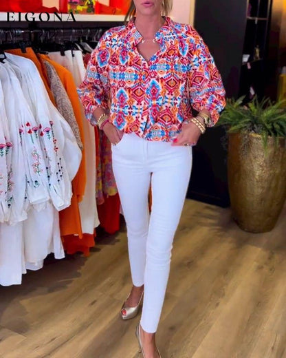 Colorful printed v-neck long-sleeve top Blouses & Shirts Spring Summer