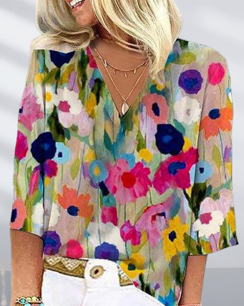 Colorful floral print V-neck three-quarter sleeve casual shirt blouses & shirts spring summer