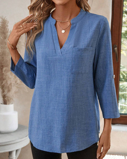 V-Neck Solid Color Long Sleeve Pocket Shirt