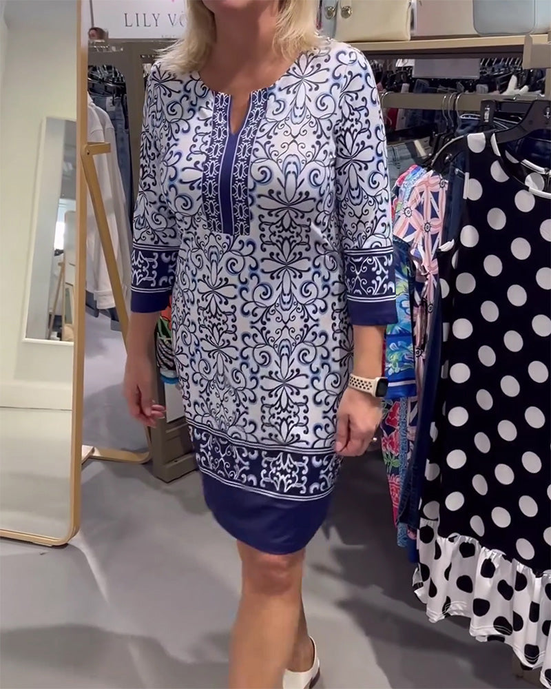 Three-Quarter Sleeve Slim Contrast Print Dress