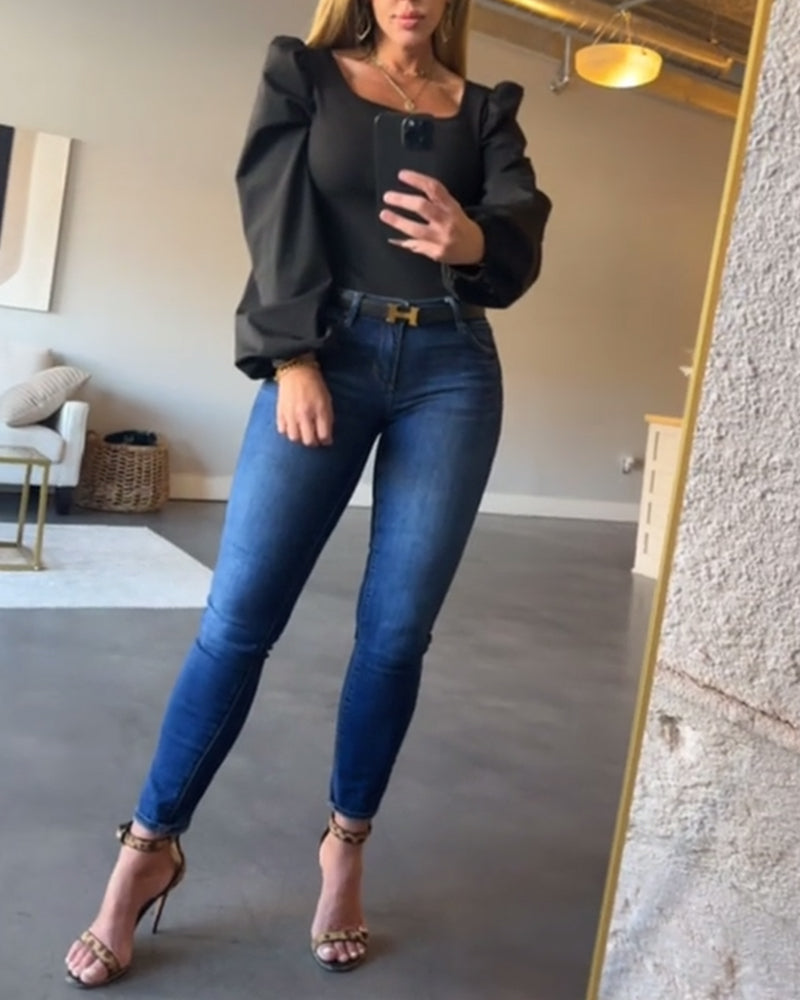 Puff Sleeve Square Collar Splicing Blouse