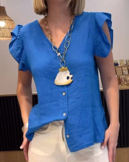 Camicetta senza maniche con scollo a V e volant alla francese