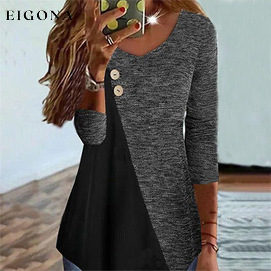 【100% Cotton】Casual Patchwork Blouse Dark Gray 100% Cotton best Best Sellings clothes Plus Size Sale tops Topseller