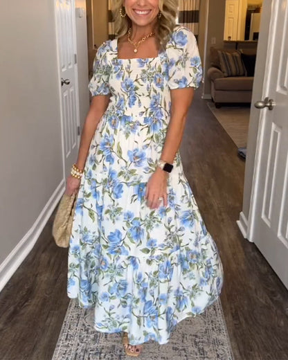 Square Neck Pleated Floral A-Line Dress