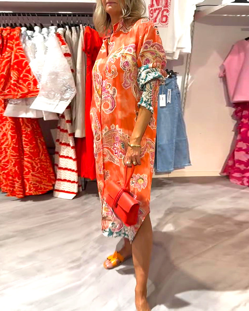 Stand Collar Long Sleeve Cashew Print Dress